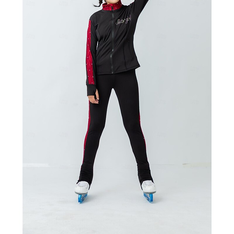 Figure Skating Fleece Jacket Figure Skating Pants Figure Skating Jacket with Pants Women's Girls' Ice Skating Jacket Tights Outfits Black Red Patchwork Thumbhole Spandex Stretchy Training Practice2