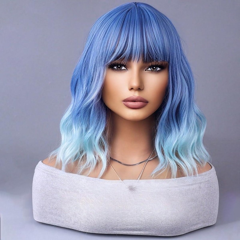 Short Bob Blue Wig Short Curly Wavy Wig With Bangs for Women Heat Resistant Synthetic Hair Wigs Halloween Cosplay Party Wigs