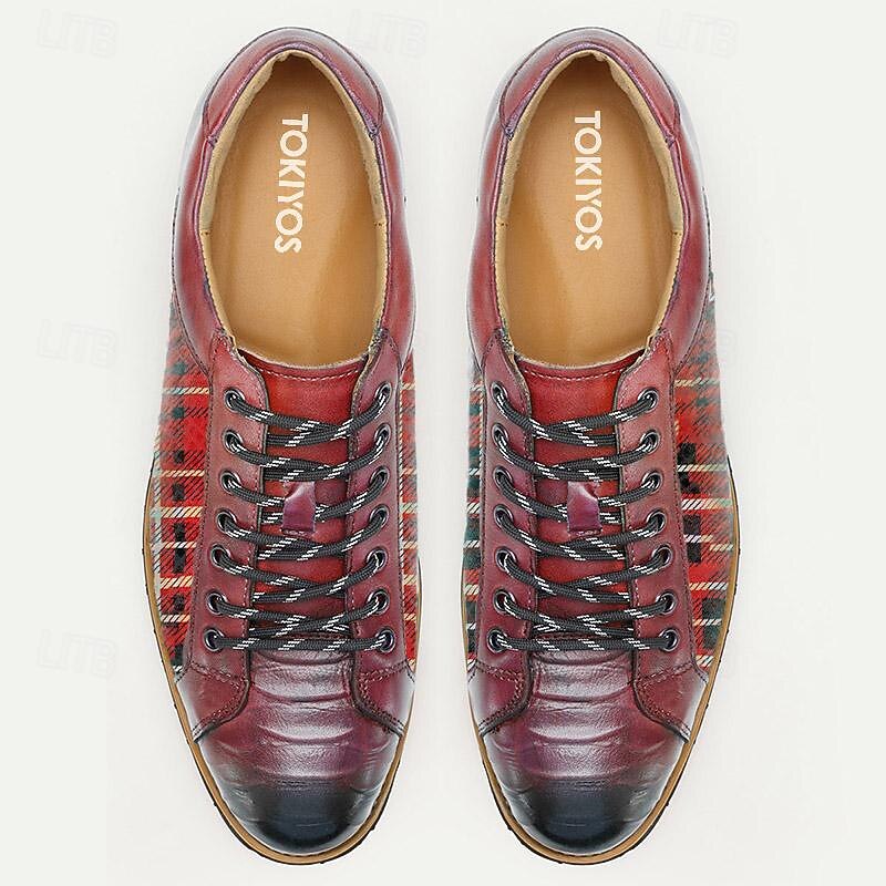 Men's Red Plaid Leather Casual Shoes with Lace-Up Design - Stylish and Comfortable for Christmas,Everyday Wear2