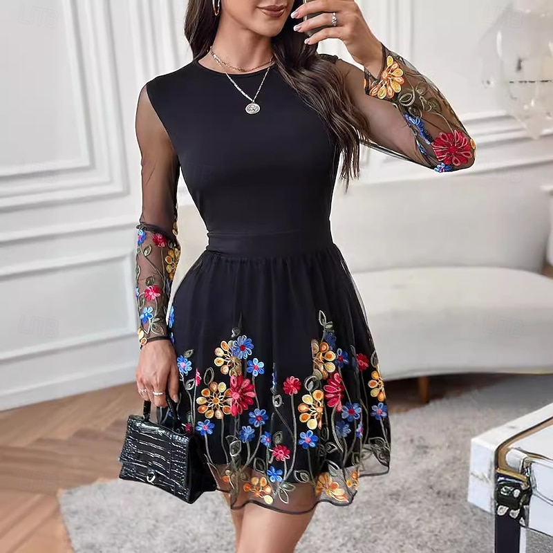 Women's Mini Dress Black Dress Cocktail Dress Formal Dress A Line Dress Elegant Wedding Guest Cocktail Party Slim Floral Long Sleeve Crew Neck Black Summer Spring Fall3