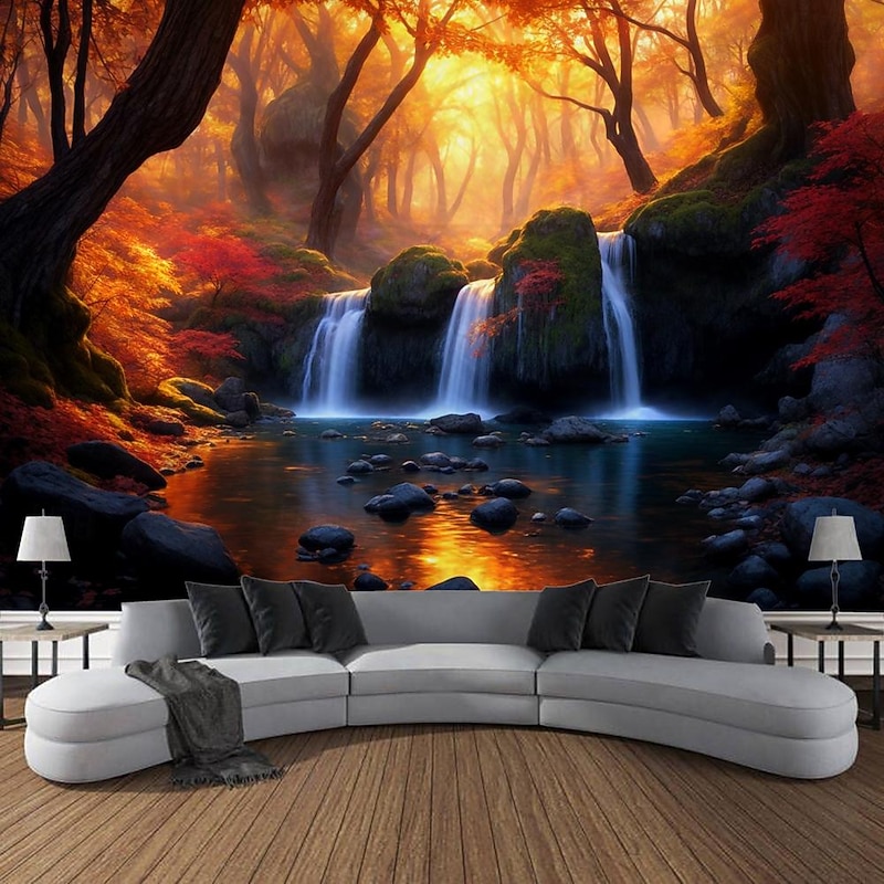 Autumn Forest Cascade Hanging Tapestry Wall Art Large Tapestry Mural Decor Photograph Backdrop Blanket Curtain Home Bedroom Living Room Decoration