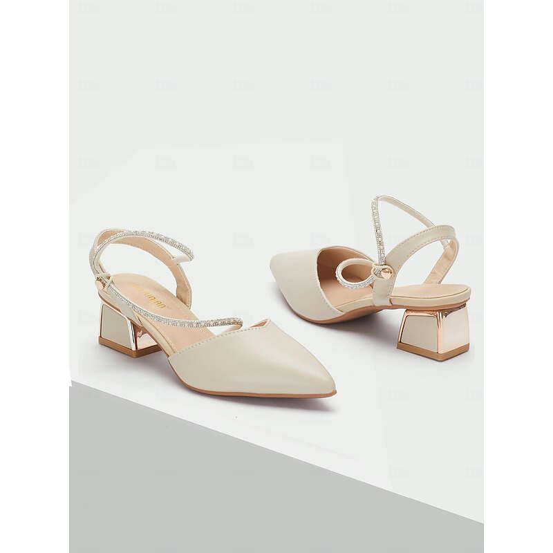 Elegant Women's Slingback Pointed Toe Heels with Rhinestone Strap - Beige Mid-Heel Shoes for Weddings and Parties4