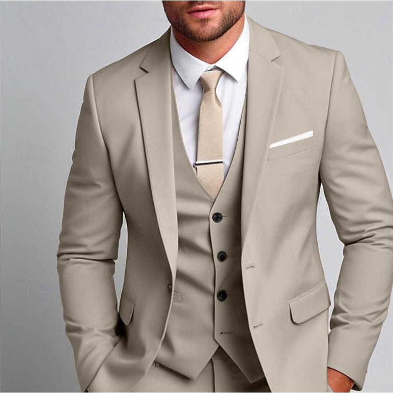Men's Wedding Party Suits Notch Notch Lapel Light Khaki Daily Business Solid Colored Plus Size 3 Piece Single Breasted Two-buttons