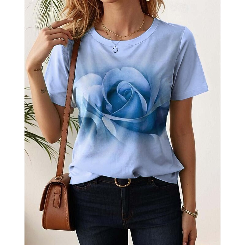 Women's T Shirt Stylish Casual Print Short Sleeve Regular Tops Crew Neck Daily White Pink Purple Light Blue Summer4