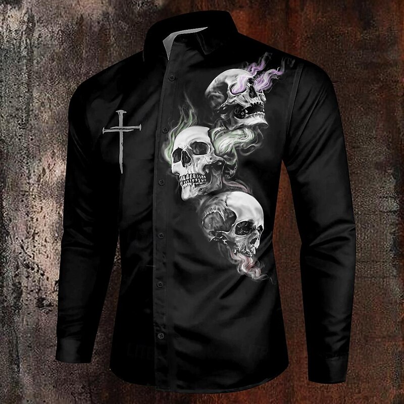 Halloween Men's Skull Christian Halloween Costumes Shirt Button Up Shirt Long Sleeve Casual Dark Party Evening Wear Daily Fall Winter Spring & Summer Turndown Shirt Collar Button Up 3D Print Black