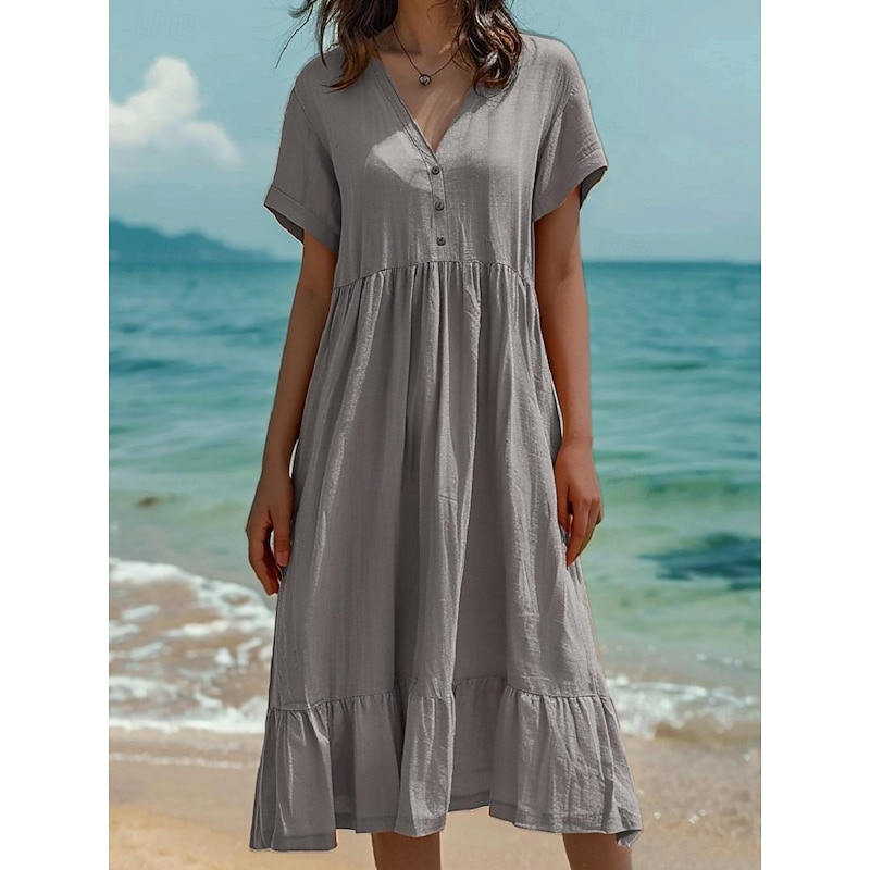 Women's Normal Midi Dress Cotton Linen Dresses Casual Dress Casual Street Regular Fit Solid Color Short Sleeve V Neck Light Green Dark Green Orange Dark Grey Summer 6