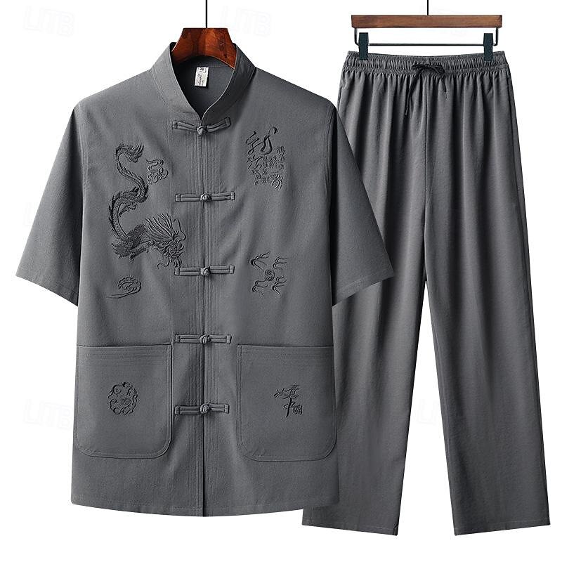 Men's T-shirt Suits Shirt and Pant Sets 2 Pieces Outfits Short Sleeve Standing Collar Summer Dragon Fashion Chinese Style Casual Embroidered 2 Piece Vacation Daily Wear Going out Yellow Red Navy Blue4