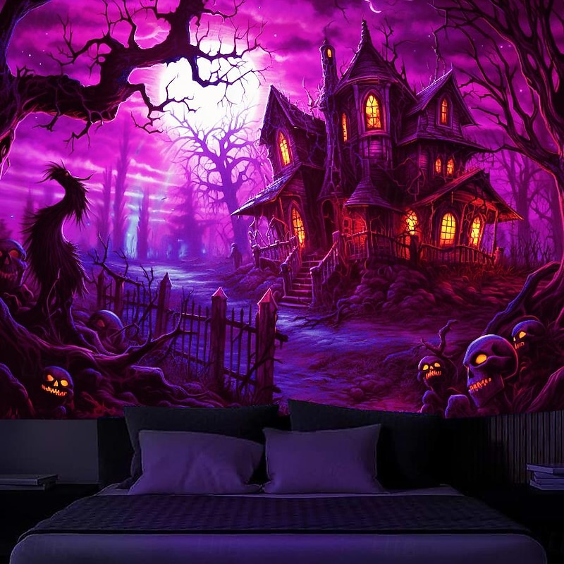 Halloween Decorations Hunted House Blacklight Tapestry UV Reactive Glow in the Dark Misty Graveyard Hanging Tapestry Wall Art Mural for Living Room Bedroom2