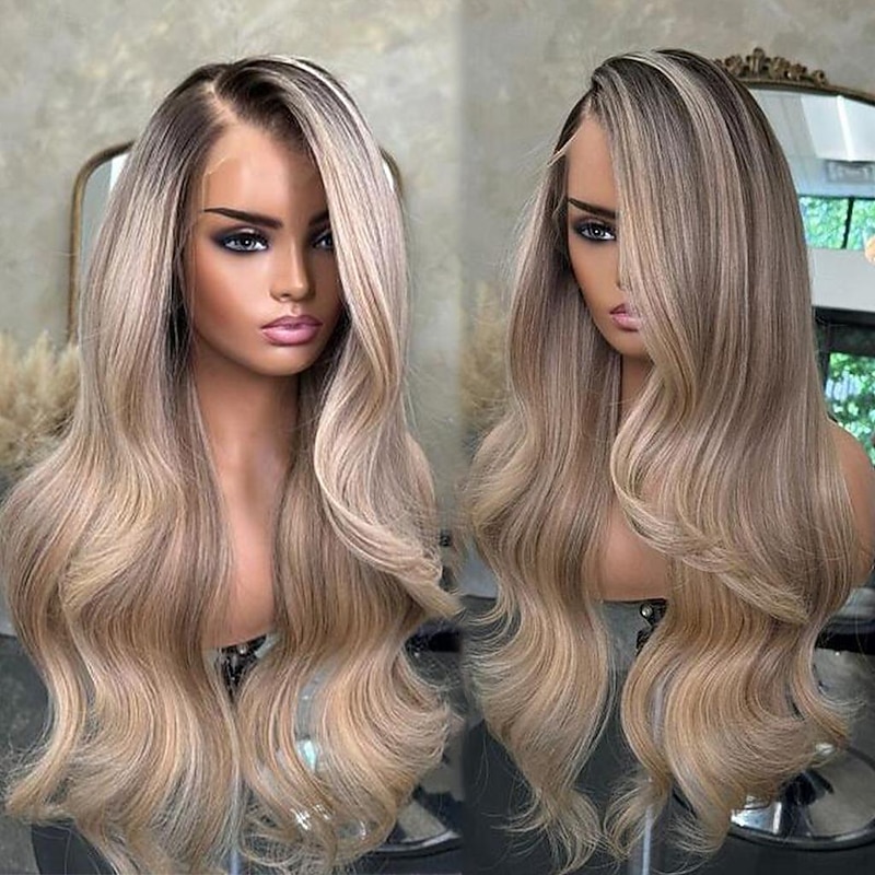 Unprocessed Virgin Hair 13x4 Lace Front Wig Side Part Brazilian Hair Wavy Blonde Multi-color Wig 130% 150% Density Ombre Hair Highlighted / Balayage Hair 100% Virgin Glueless Pre-Plucked For Women
