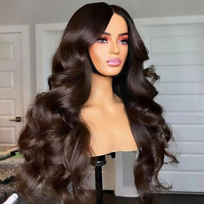 Remy Human Hair 13x4 Lace Front Wig Middle Part Brazilian Hair Wavy Brown Wig 130% 150% Density with Baby Hair Ombre Hair Glueless Pre-Plucked For Women Long Human Hair Lace Wig2