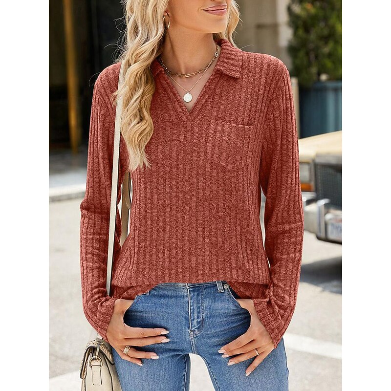 Women's T Shirt Casual Solid Color Long Sleeve Long Tops Shirt Collar Daily Black Wine Blue Khaki Spring Fall2