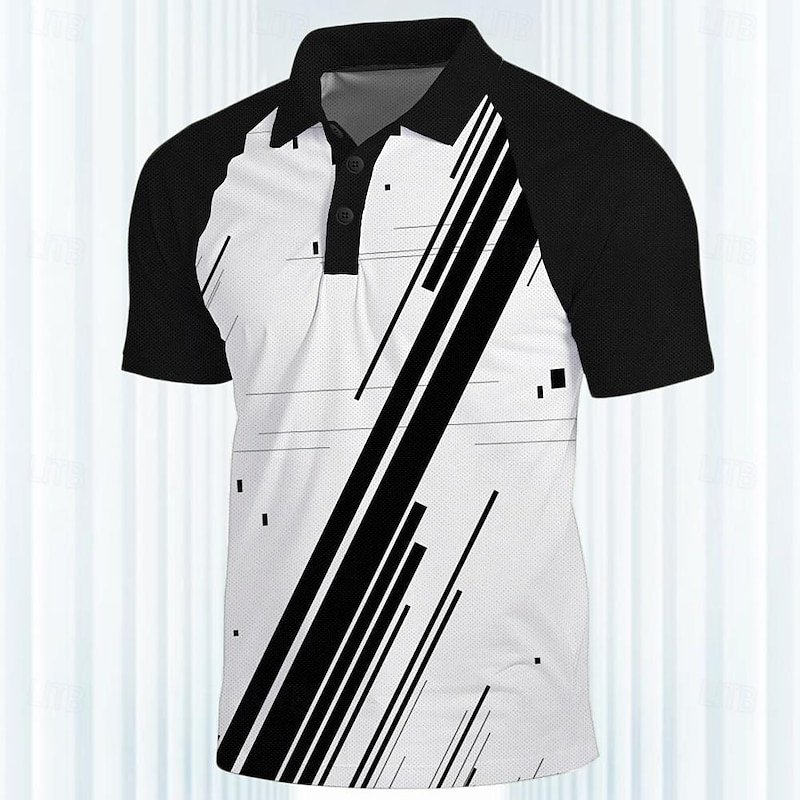 Men's Striped Sports Polo Shirts Golf Shirt Short Sleeve Polo Shirts Collared Shirts Casual Sportswear Vacation Wear 3D Print Buttons Spring & Summer Black