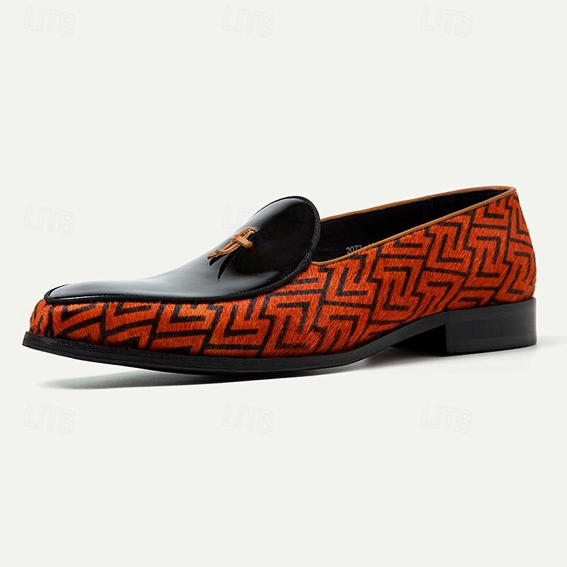 Men's Designer Patterned Leather Loafers - Stylish Flat Dress Shoes with Unique Orange and Black Design for Formal and Casual Outings3