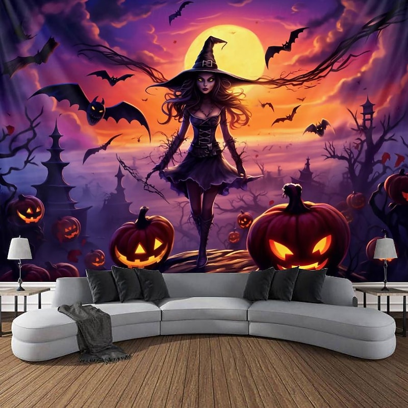 Halloween Decorations Witch Blacklight Tapestry UV Reactive Glow in the Dark Misty Hanging Tapestry Wall Art Mural for Living Room Bedroom Bats Skeleton Pumpkin4