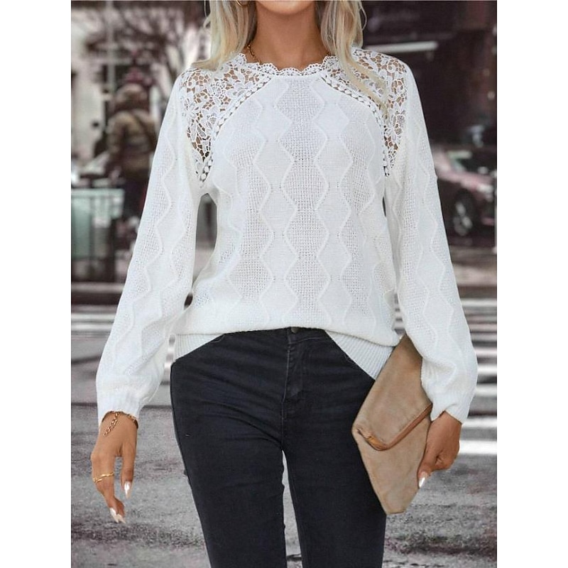 Women's Sweater Elegant Solid Color Waffle Crew Neck Lace Long Sleeve Regular Tops Knit Daily White Spring Fall