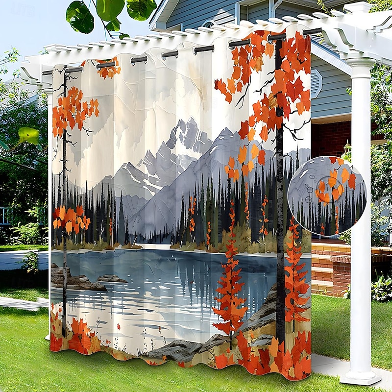Waterproof Outdoor Curtain Privacy, Sliding Patio Curtain Drapes, Pergola Curtains Grommet 3D Lake Side House for Gazebo, Balcony, Porch, Party, 1 Panel4