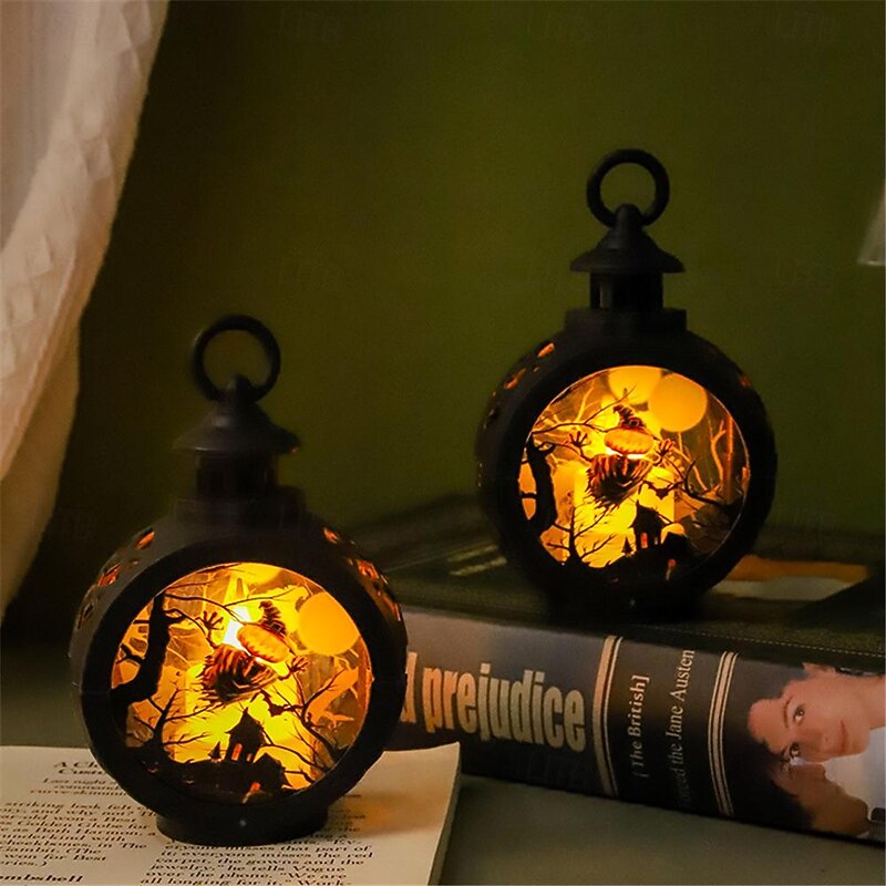 Vintage Halloween Decoration Lantern Electronic Candle Light Lighted Ghost Night Light, LED Light Up Pumpkin Light Ghost Festival Creative Decoration Props Hand-Held Small Oil Lamp 1pc3