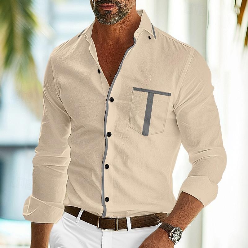 Men's Dress Shirt Button Up Shirt Casual Shirt Black White Navy Blue khaki Drak Red Long Sleeve Solid Color Lapel Daily Vacation Patchwork Clothing Apparel Cotton Fashion Casual Comfortable4