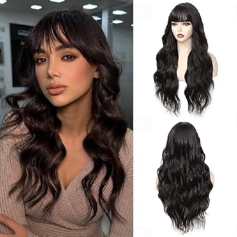 Wig With Bangs Long Wavy Wigs for Women Curly Wavy Wig With Bangs Natural Looking Synthetic Heat Resistant Fiber Wig Halloween Cosplay Party Wigs