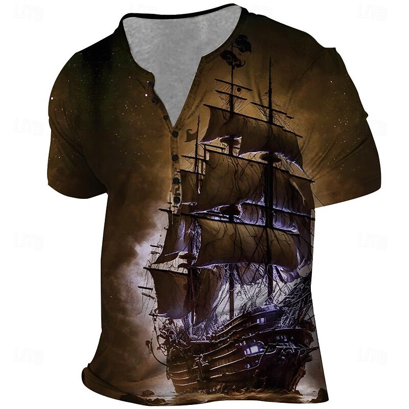 Men's Boat T Shirt Short Sleeve 3D Print Vintage Fashion Exaggerated Party Daily Summer Spring Fall Blue Brown Green Gray Henley Collar Henley T-Shirt3