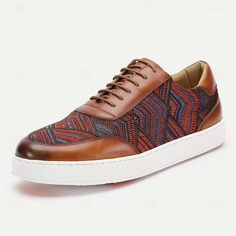 Men's Brown Leather Sneakers with Red and Blue Woven Pattern - Stylish and Comfortable Lace-Up Casual Shoes for Everyday Wear2