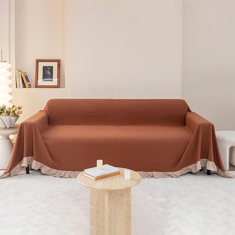 Primaloft Sofa Blanket Full Cover Pure Cotton Plain Color Not Fading Sofa Towel Sofa Cover with Ruffles