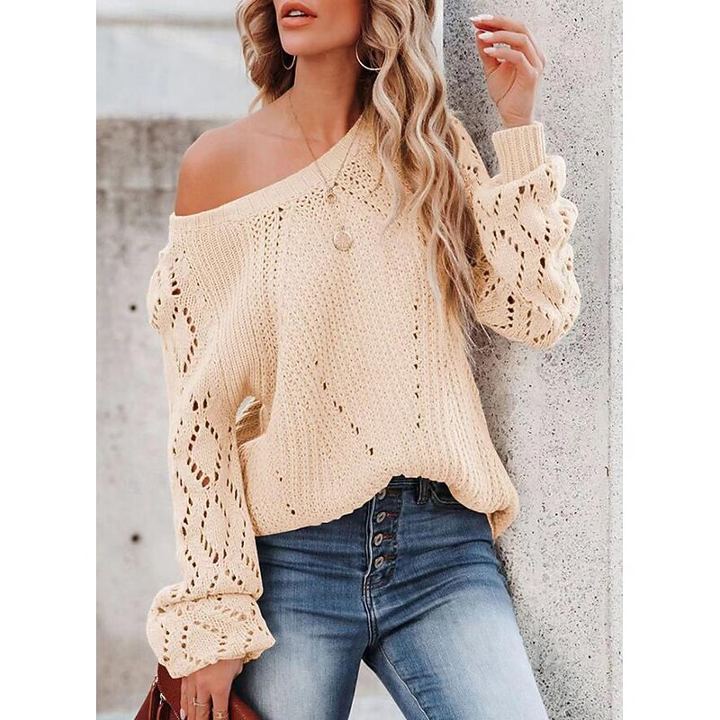 Women's Sweater Stylish Solid Color Crochet One Shoulder Knitted Half Sleeve Regular Tops Knit Daily White Pink Spring Fall2