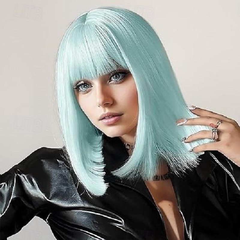 Light Blue Bob Wig with Bangs Short Straight Blue Wig for Women Shoulder Length Wigs Colorful Synthetic Wig for Daily Use Party Cosplay 12Inch Halloween Wigs4