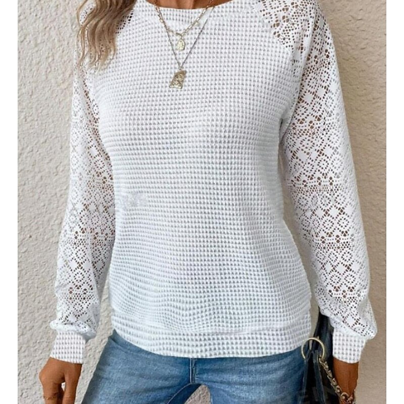 Women's Designer Sweatshirt Elegant Casual Going out Crew Neck Eyelet Loose Fit Long Sleeve Black White Spring Fall3