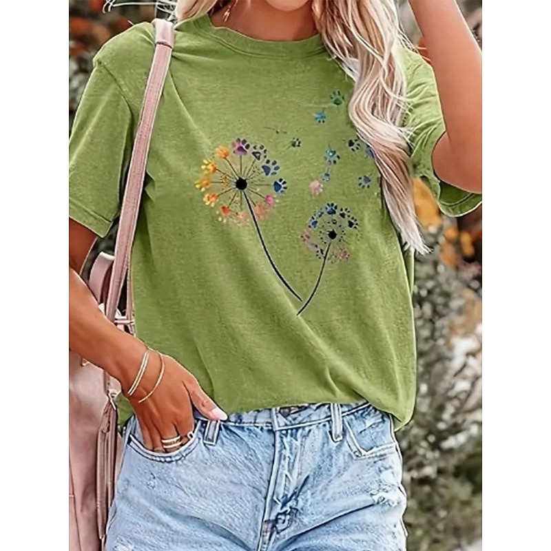 Women's T Shirt Floral Dandelion Fashion Casual Short Sleeve Round Neck Regular Tops Daily Print Green Summer