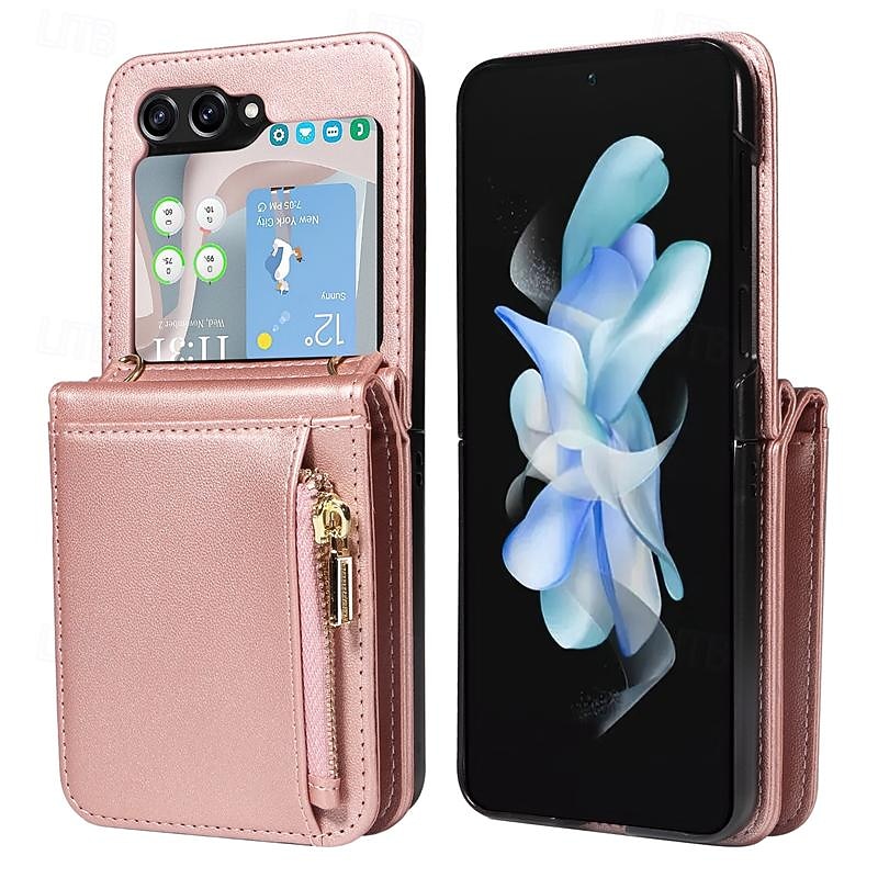 Phone Case For Samsung Galaxy Z Flip 6 Z Flip 5 Wallet Case with Stand Holder Zipper with Lanyard Retro TPU PU Leather4