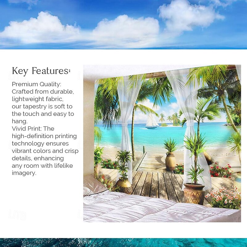 Beach Theme Hanging Tapestry Wall Art Large Tapestry Mural Decor Photograph Backdrop Blanket Curtain Home Bedroom Living Room Decoration4