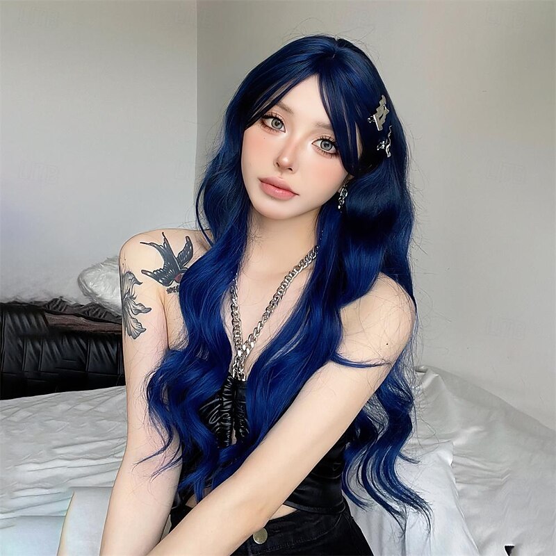 Synthetic Wig Uniforms Career Costumes Princess Curly Wavy Middle Part Layered Haircut Machine Made Wig 28 inch Black / Sapphire Blue Synthetic Hair Women's Cosplay Party Fashion Blue Halloween Wigs3