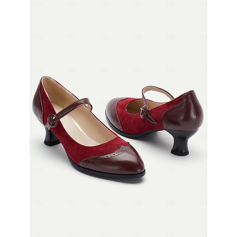 Vintage-Inspired Burgundy & Brown Leather Mary Jane Heels for Women, Perfect for Work and Special Occasions2