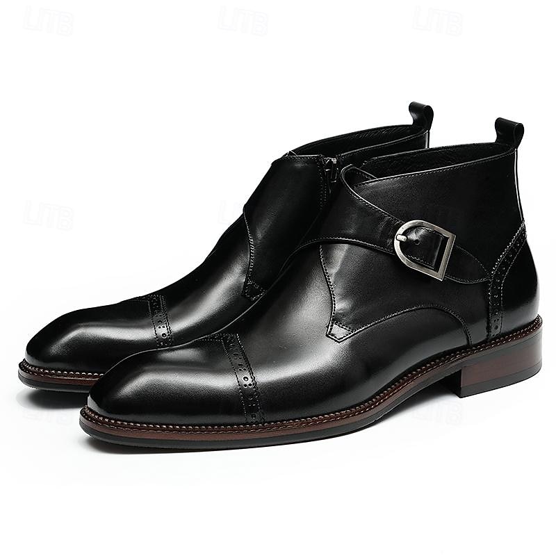 Men's Premium Leather Buckle Ankle Boots - 100% Cowhide Zipper and Brogue Detailing for Formal and Casual Wear2