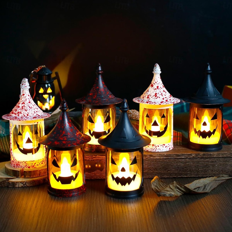 Halloween Pumpkin Lantern Electronic Candle Light Jack O Lantern Light Up Pumpkin Night Lamp Wind Lamp Grimace Pattern Halloween Party Atmosphere Decoration 1/3/5pcs2