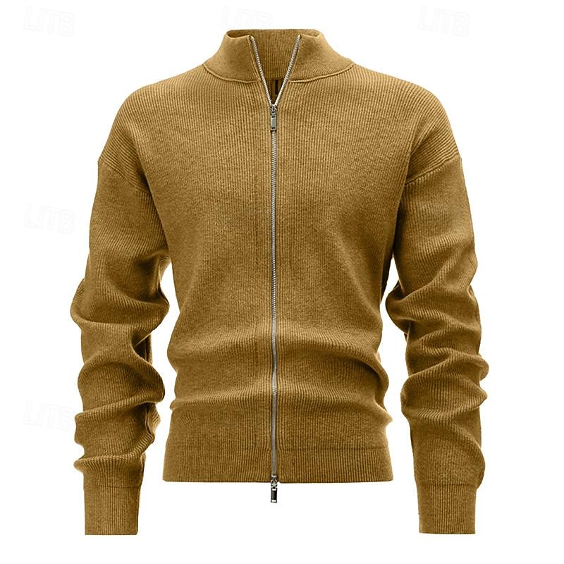 Men's Cropped  Sweater Cardigan Sweater Zip Sweater Knit Sweater Ribbed Knit Regular Solid Color Stand Collar Fashion Classic Daily Wear Date Clothing Apparel Fall & Winter Black Brown S M L3
