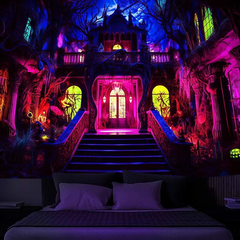 Halloween Haunted House Backdrop, 3D Archway Haunted Castle Entrance Wall Tapestry, UV Reactive Blacklight Wall Hanging, Glow in the Dark Spooky Mural for Living Room & Bedroom Wall art Decor4