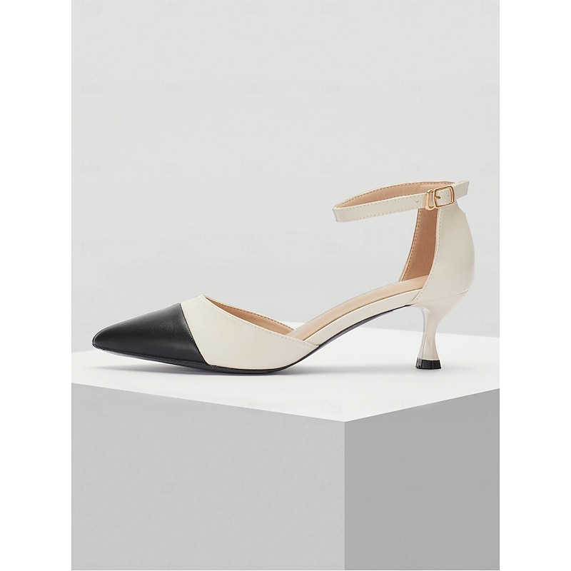 Stylish Women's Two-Tone Pointed Toe Kitten Heel Ankle Strap Pumps - Perfect for Office and Formal Occasions2