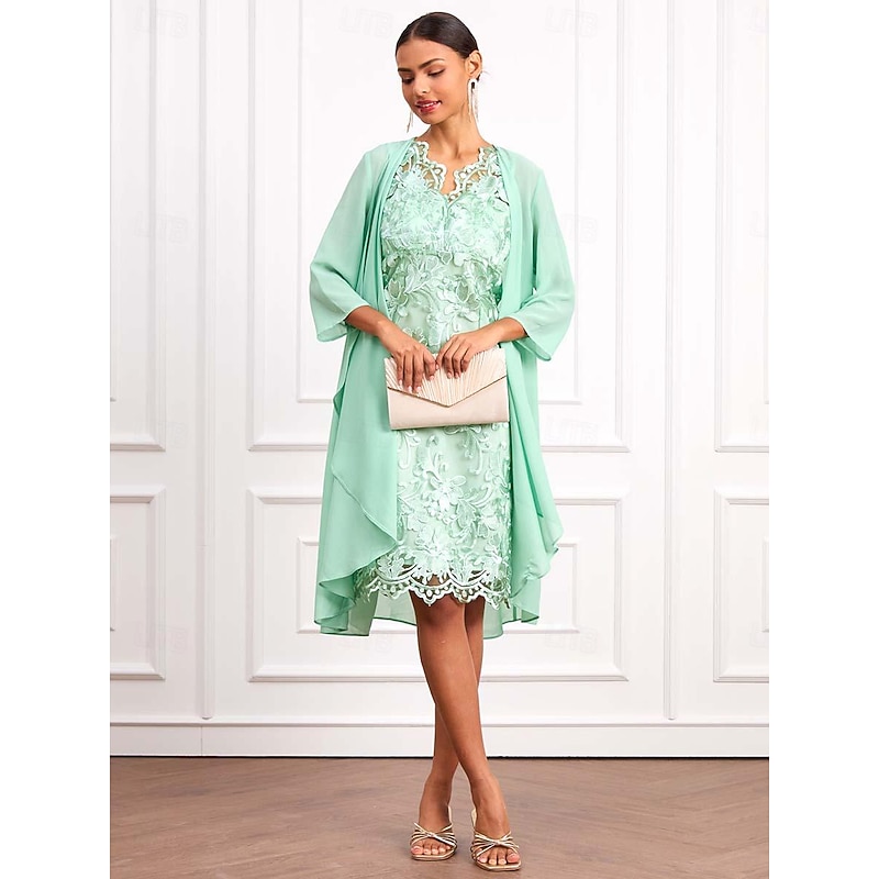 Women's Wedding Guest Cocktail Dress Set Chiffon Lace V Neck 3/4 Length Sleeve Mini Dress Party Elegant Formal Light Green Summer Spring 14