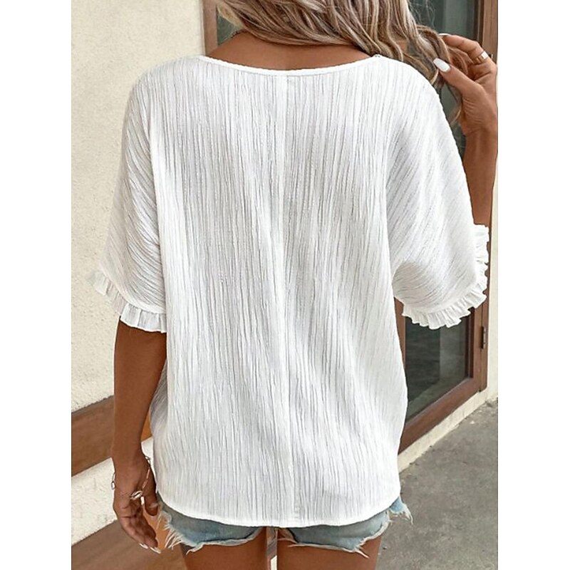 Women's White Elegant Lace Tops Eyelet Blouse Plain Lace Street Daily Fashion V Neck Regular Fit Romantic Petite Tops Summer Holiday Wear Semi Formal Blouses2