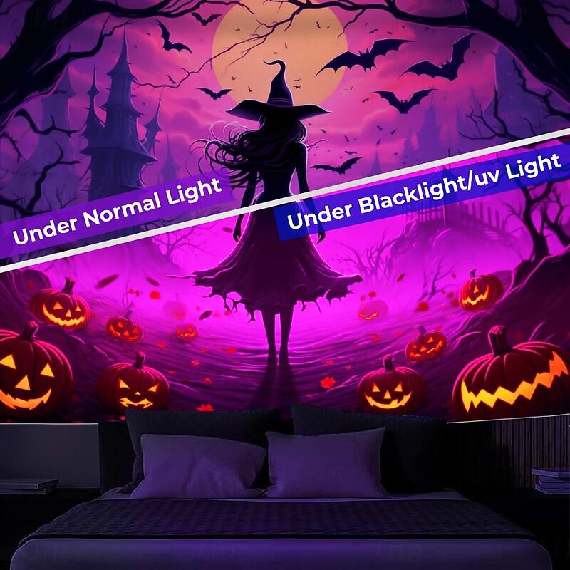 Halloween Decorations Witch Blacklight Tapestry UV Reactive Glow in the Dark Misty Hanging Tapestry Wall Art Mural for Living Room Bedroom Bats Skeleton Pumpkin3