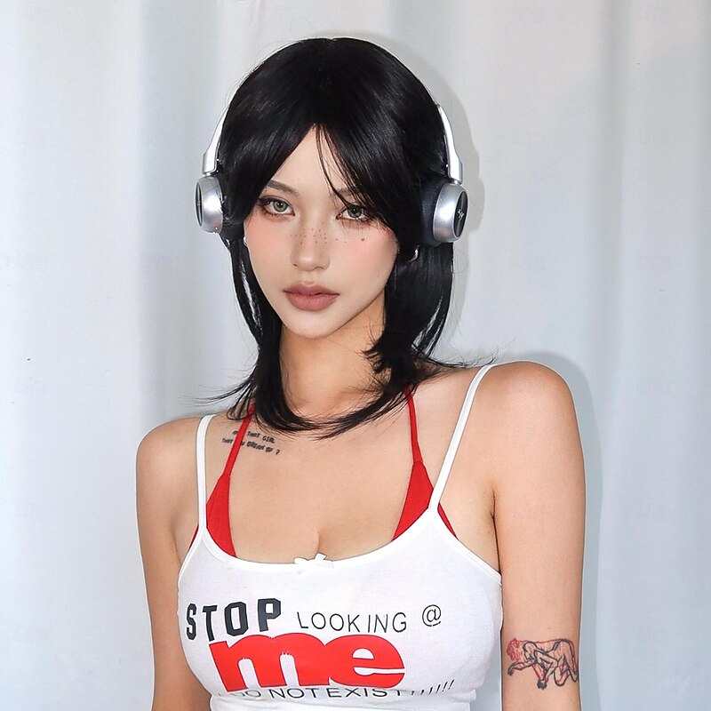 Synthetic Wig Uniforms Career Costumes Princess Straight kinky Straight Middle Part Layered Haircut Machine Made Wig 18 inch Black Synthetic Hair Women's Cosplay Party Fashion Natural Black4