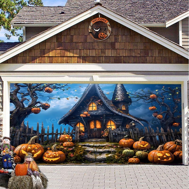 Halloween Door Decorations Halloween Garage Door Cover Pumpkins Jack O Lantern Outdoor Banner Ghost Bats Large Backdrop Decoration for Holiday Out door Decorations Door Home Wall Decorations 27
