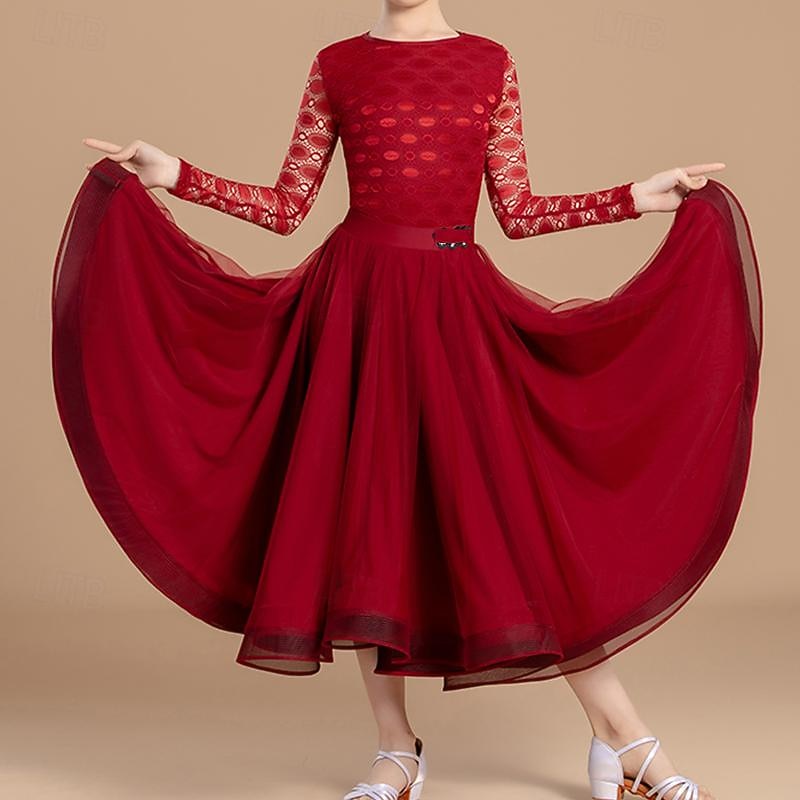 Ballroom Dance Skirts Lace Girls' Performance Training Long Sleeve Natural Tulle