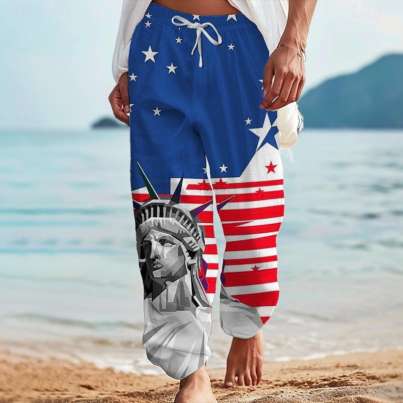Men's Hawaiian Holiday Casual Flag American Flag Pants Trousers Casual Pants 3D Print Pocket Straight Leg Straight Leg Trousers Mid Waist Party Evening Dailywear Vacation Summer Spring Blue Relaxed
