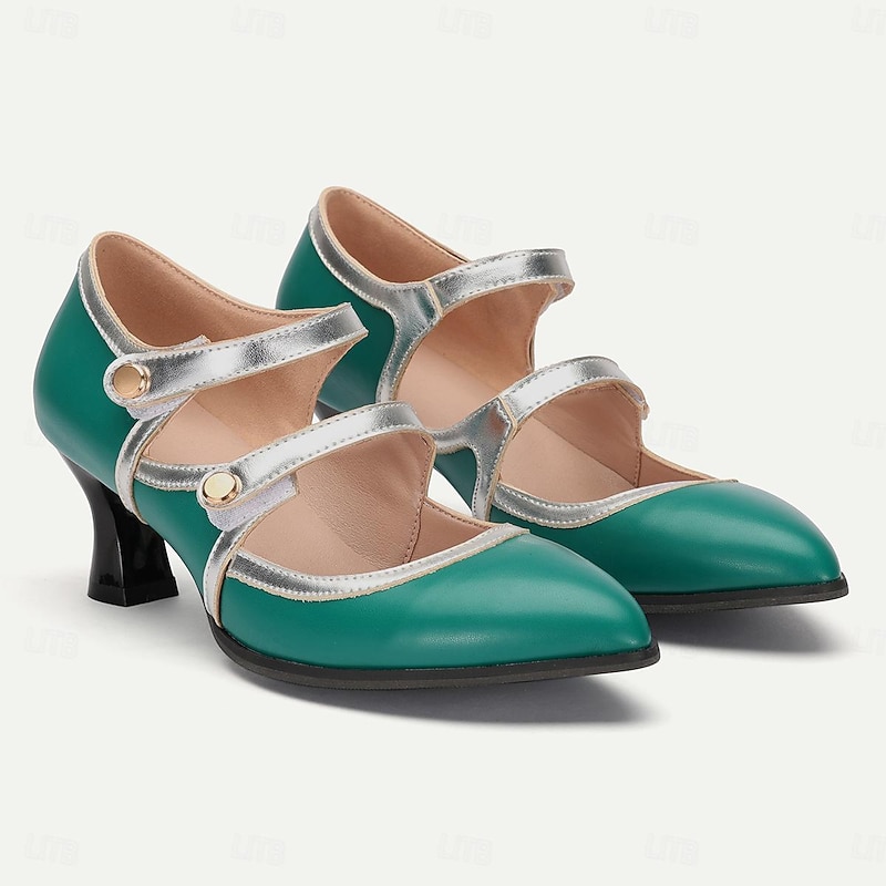 Women's Vintage Mary Jane Heels - Elegant Green and Silver Mid-Heel Dress Shoes with Double Straps for Oktoberfest, Parties and Formal Events4
