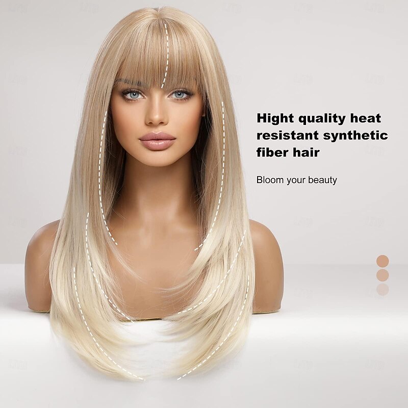 Long Ombre Blonde Wigs for Women Straight Synthetic Layered Wig with Bangs Halloween Cosplay Party Wigs3
