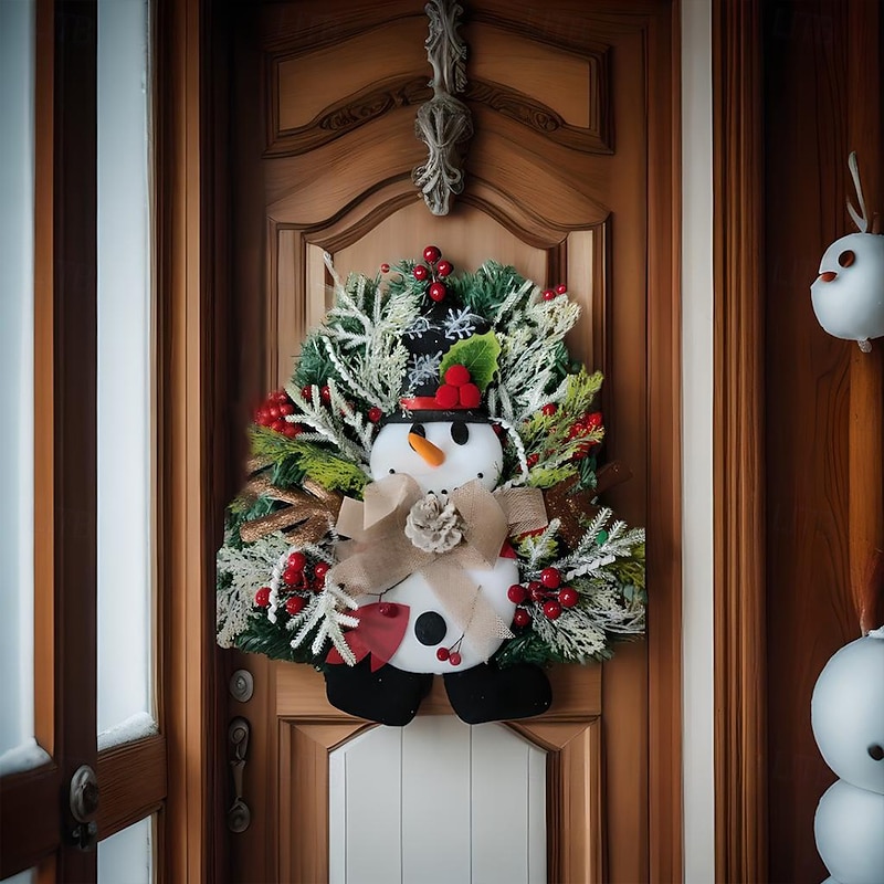 Christmas Wreath Outdoor for Front Door Winter Wreath Window Wall Decoration Snowman Swag,Snowman Wreath Xmas Wreath,Artificial Flower Santa Rattan Ring Wreaths Xmas Tree Ornaments Garland
