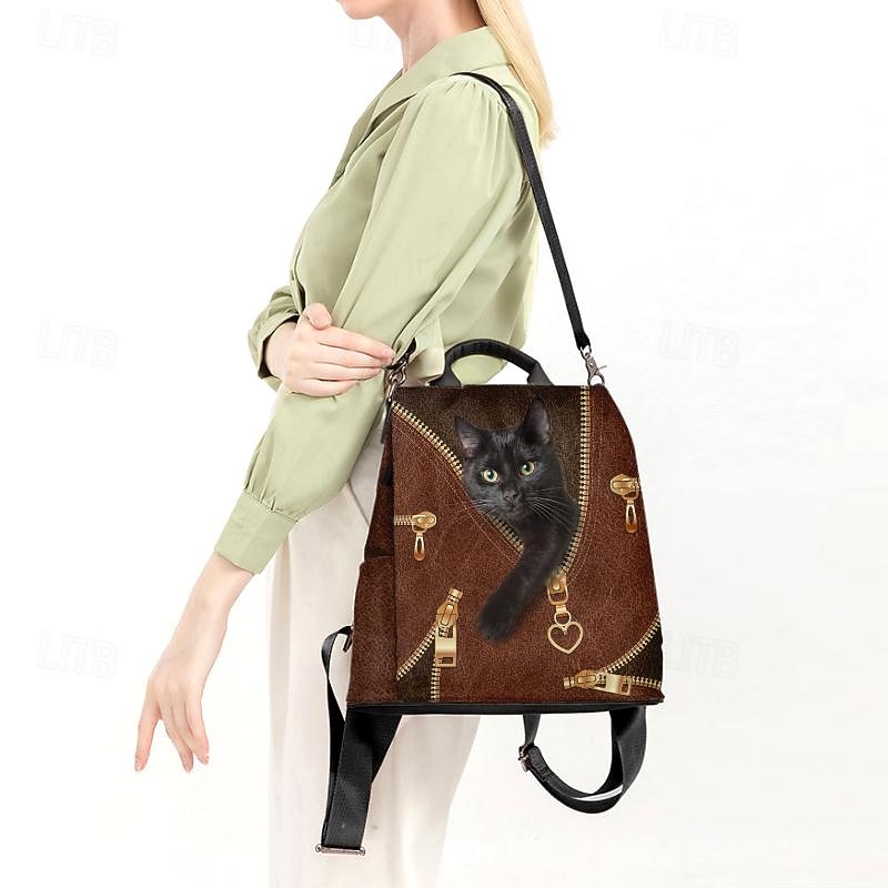 Large Capacity Black Cat Animal Print Multi-Carry Backpack - Durable and Spacious School Bag with Adjustable Straps, Available in Two Colors3